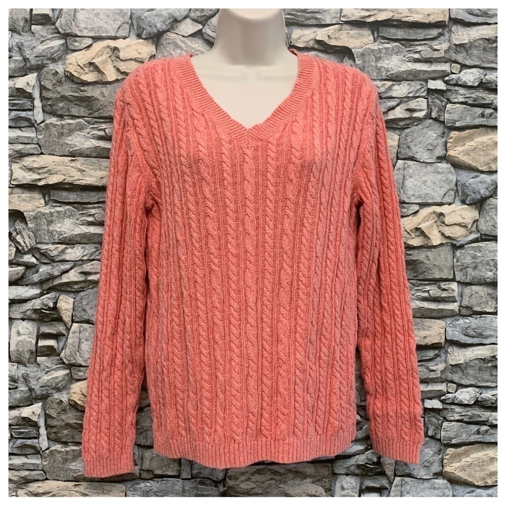 #141 Croft Barrow Coral Cable Knit V-Neck Long Sleeve Sweater Blouse Top Medium